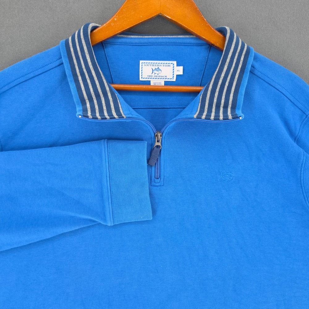 Southern Tide Skipjack Mens XL Blue Cotton Quarter Zip Pullover Sweater Striped